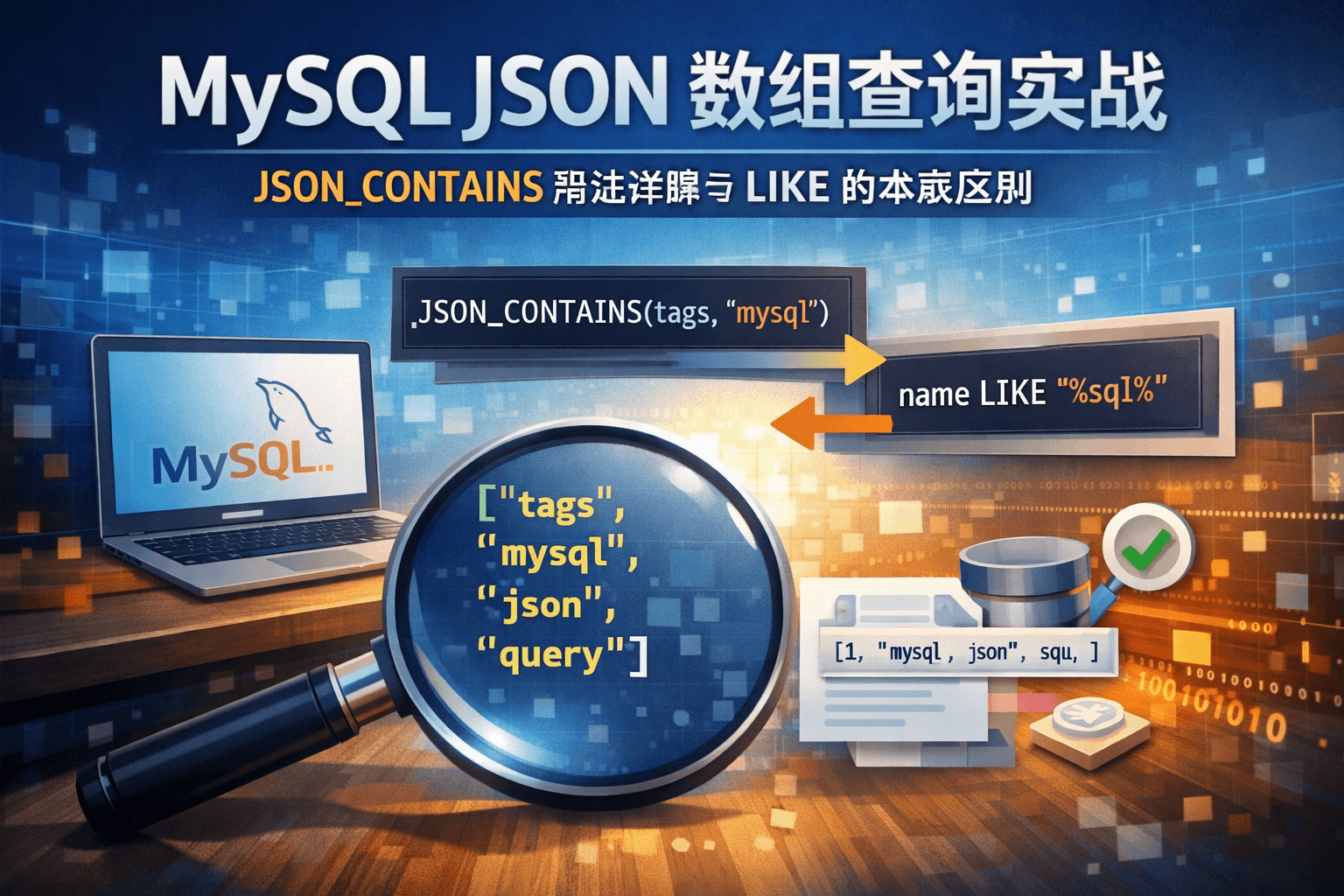 MySQL JSON 数组查询实战：JSON_CONTAINS 用法详解与 LIKE 的本质区别 封面