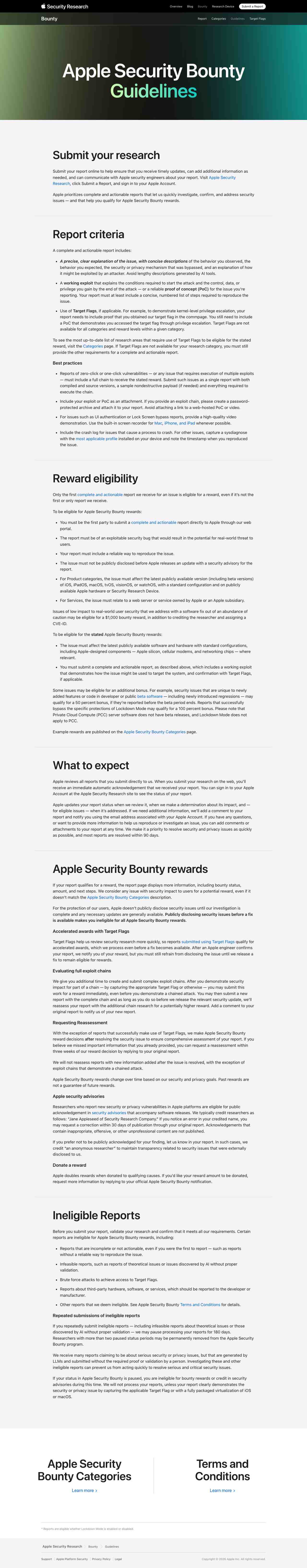 苹果安全漏洞报告指南，截图来自 Apple Security Research