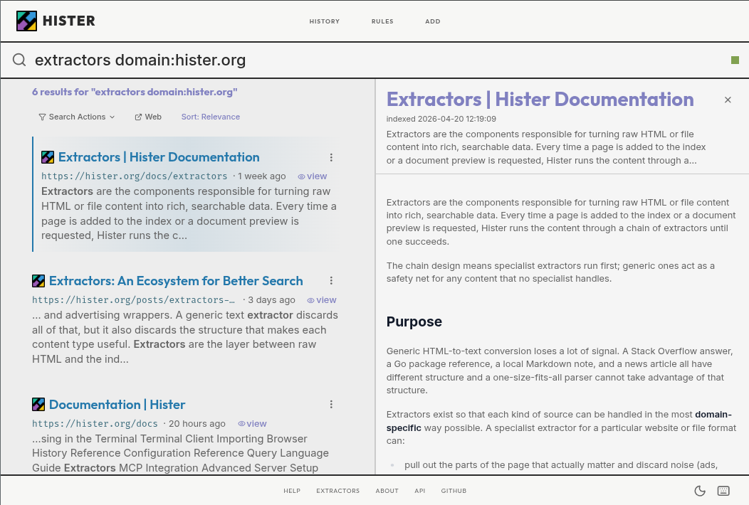Hister 网页界面：搜索结果与文档详情
