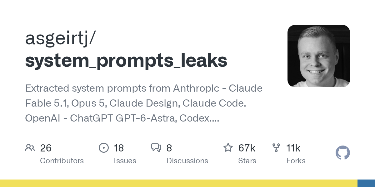 system_prompts_leaks 仓库主页：67k star、26 位贡献者