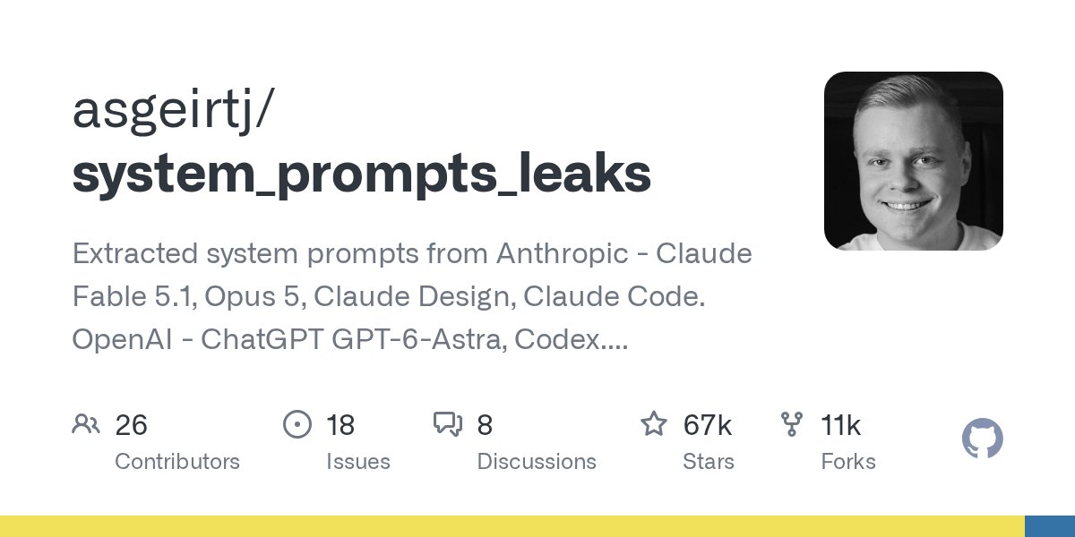 system_prompts_leaks：67k star 仓库里的 Claude 与 ChatGPT 系统提示词 封面