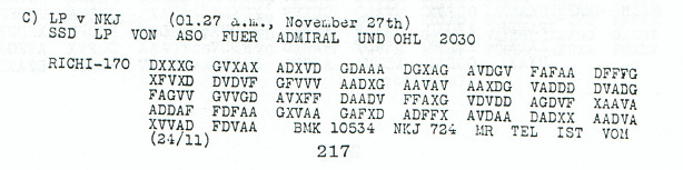 第 217 页的原始密文条目：01.27 a.m., November 27th，发给 Admiral 与 OHL（prinz 复盘文章配图）