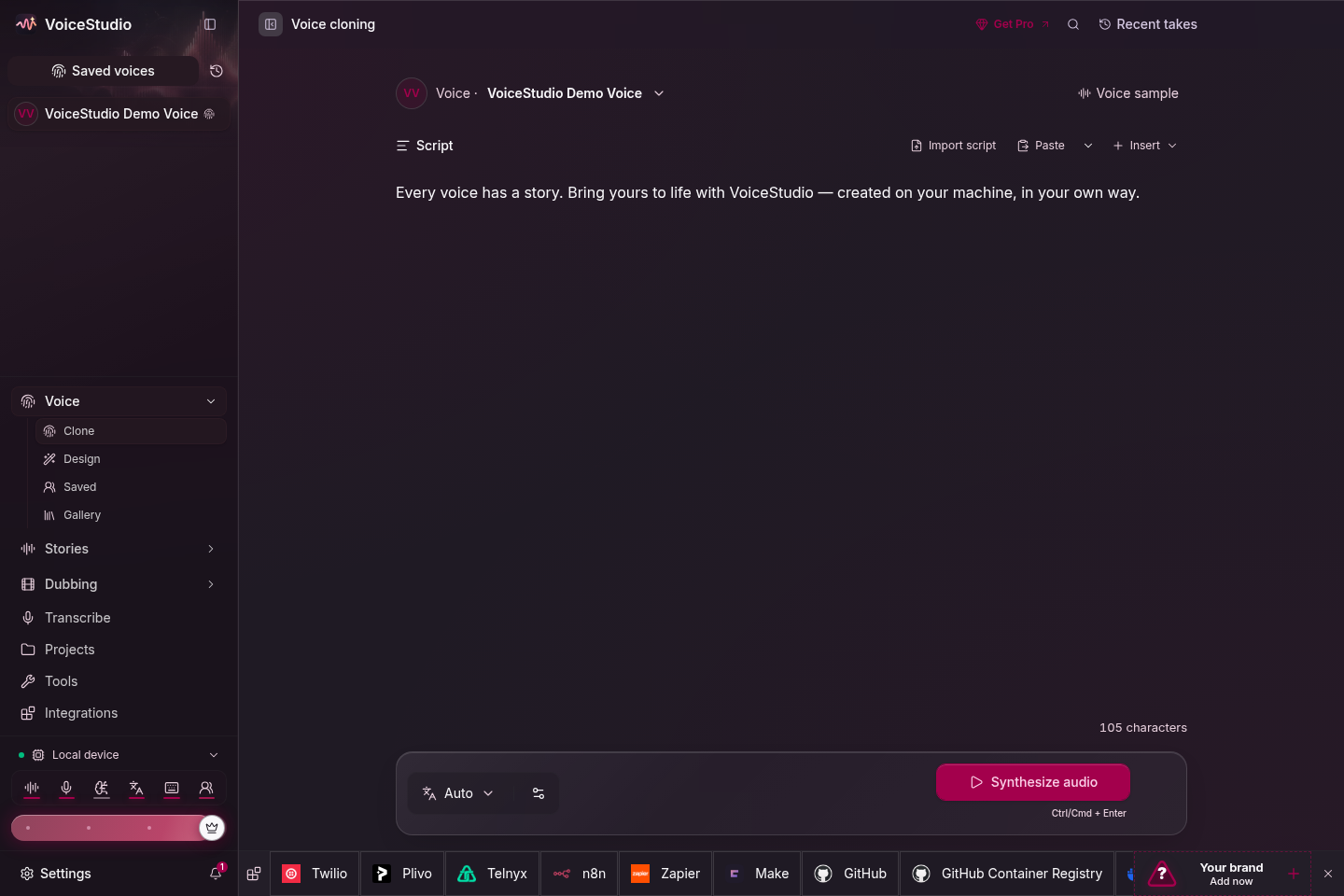 VoiceStudio 语音克隆工作区：选择声音、输入脚本、一键合成