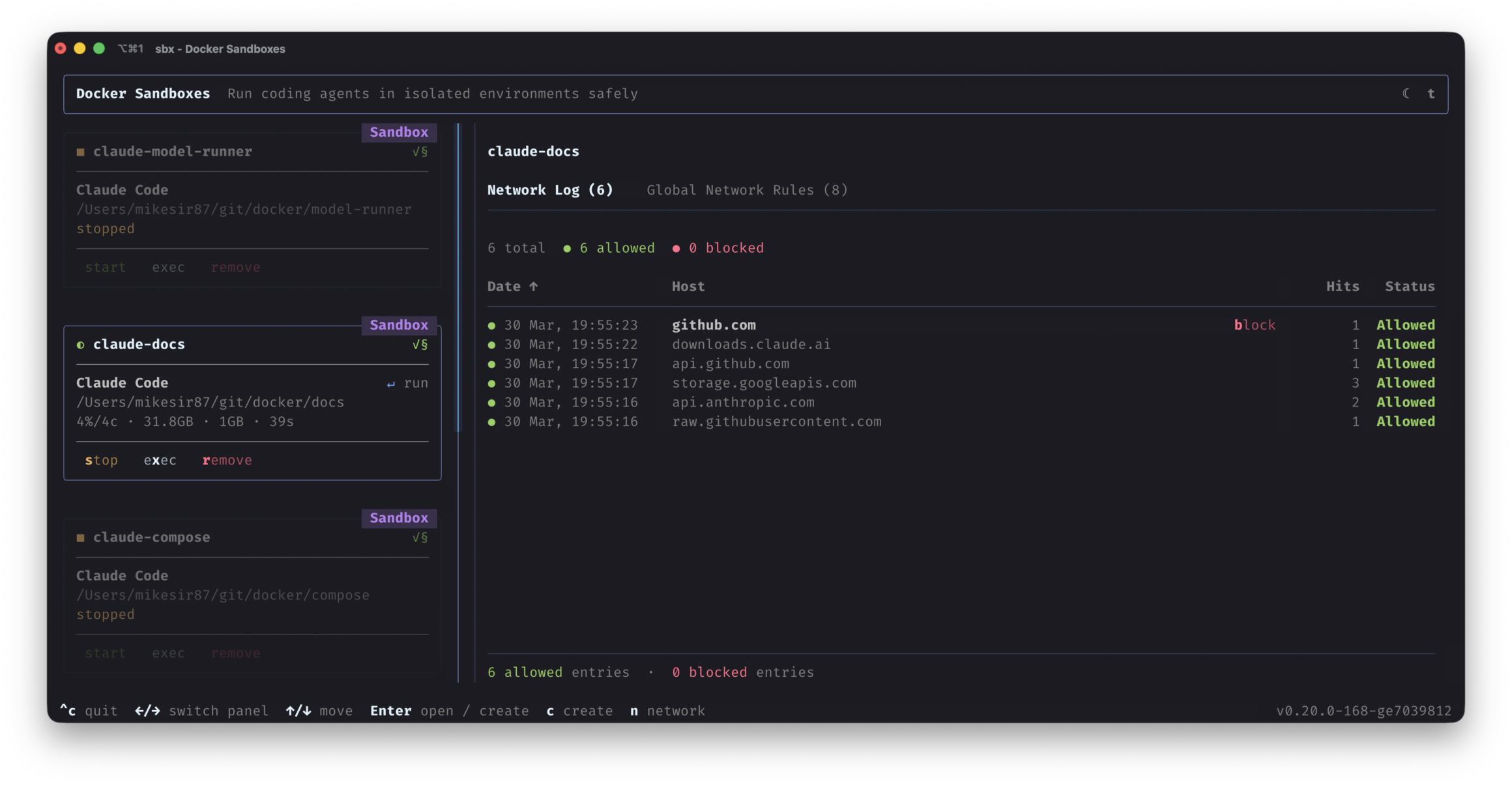 Docker Sandboxes 管理界面:展示沙盒列表与网络日志