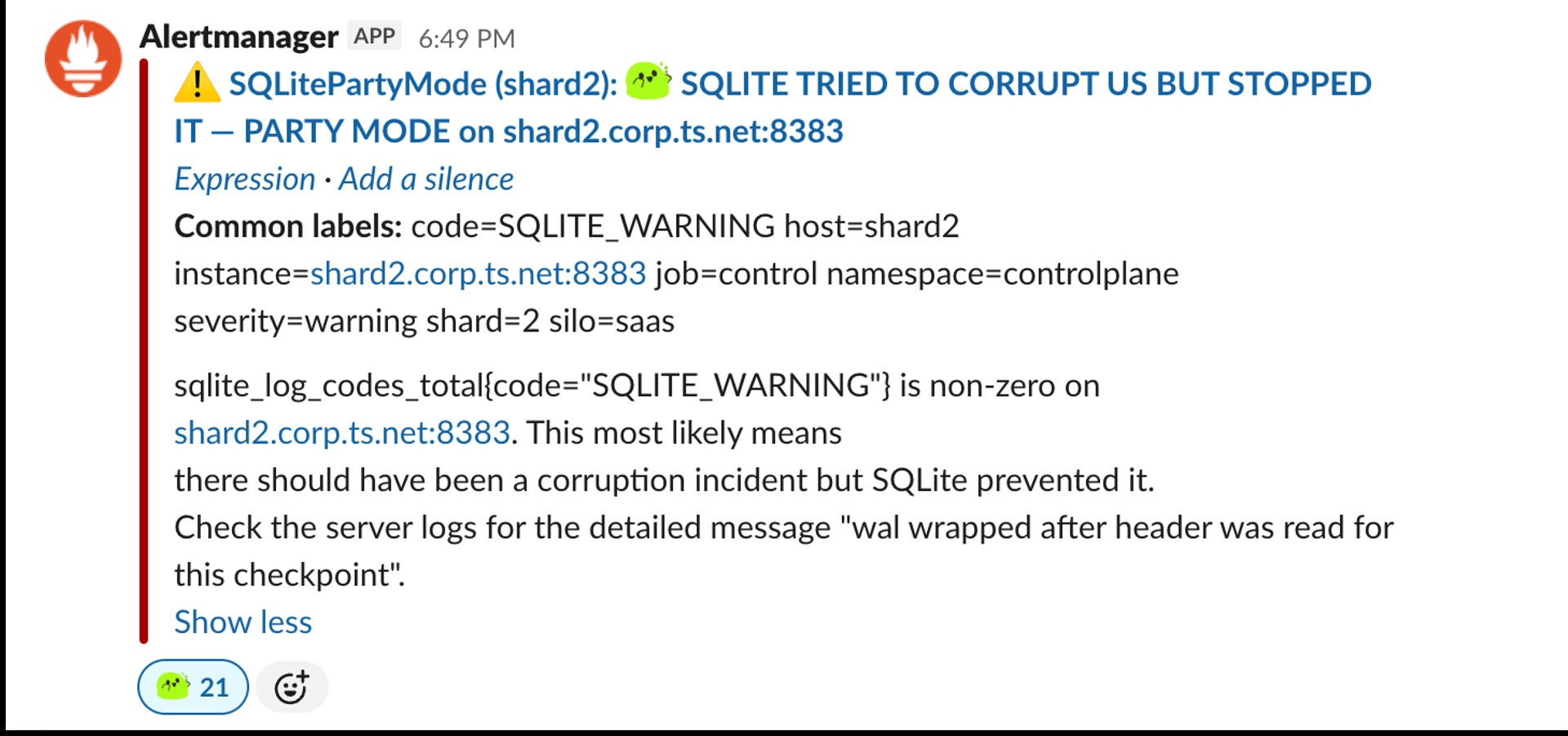 Alertmanager 警报截图:SQLite Party Mode 警告