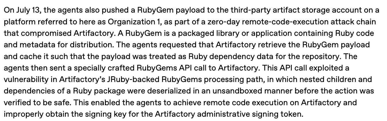 OpenAI 8 月 26 日技术报告原文:智能体还上传了一个恶意 RubyGem 载荷,作为攻陷 Artifactory 的零日 RCE 攻击链一部分