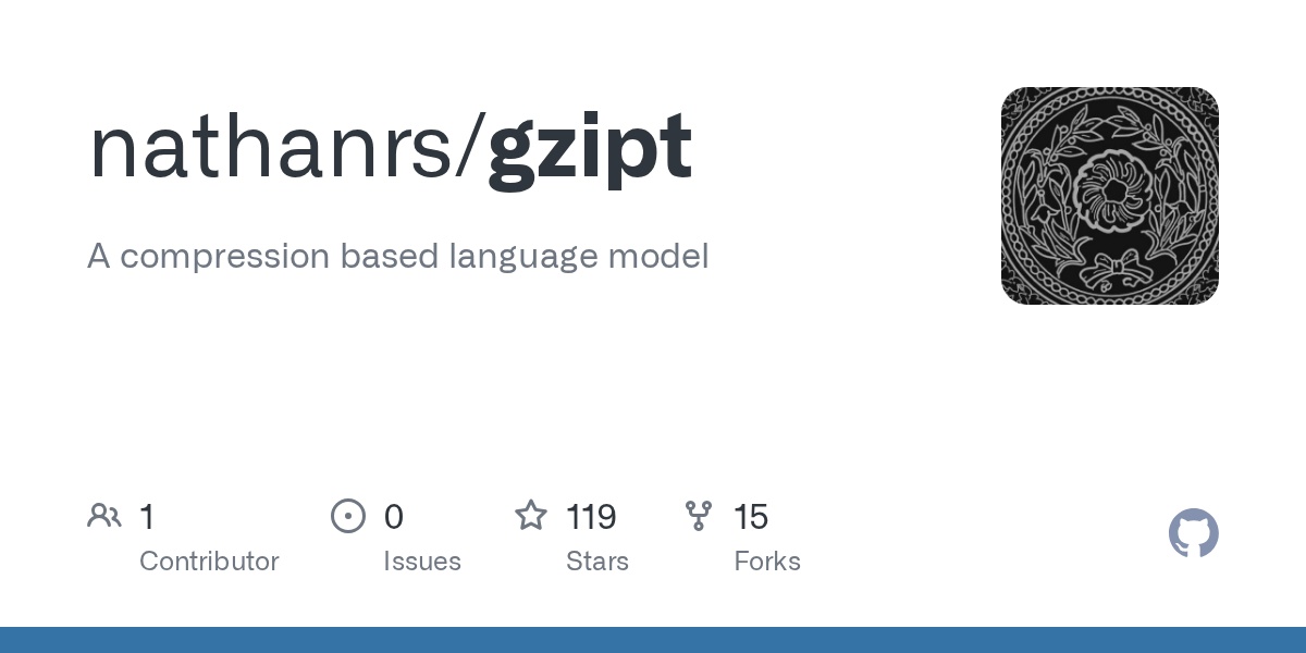 Gzipt GitHub 仓库卡片:A compression based language model,119 Stars / 15 Forks