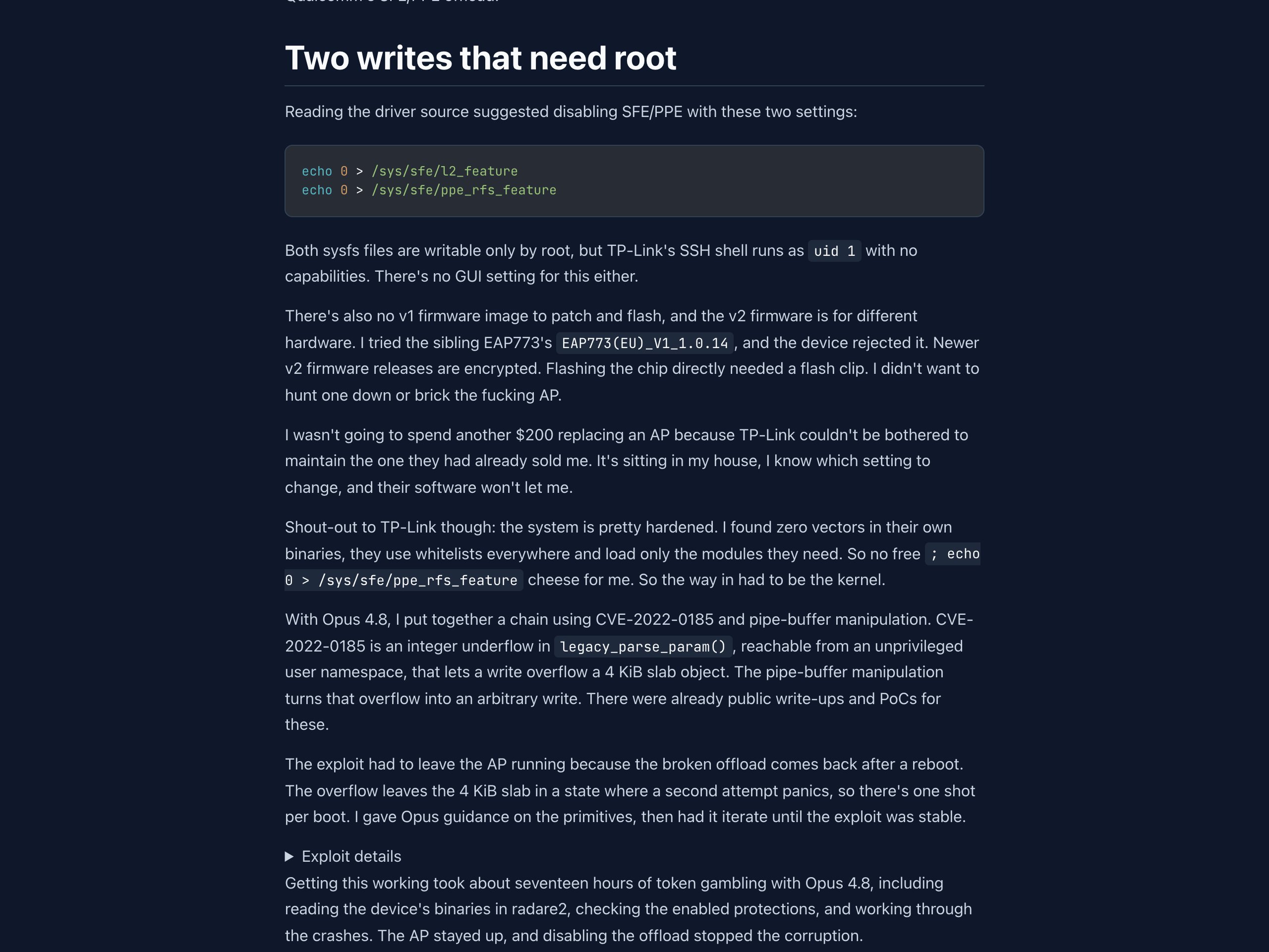 Two writes that need root 章节:需要 root 权限才能写入的两条 sysfs 命令,提权的动机所在