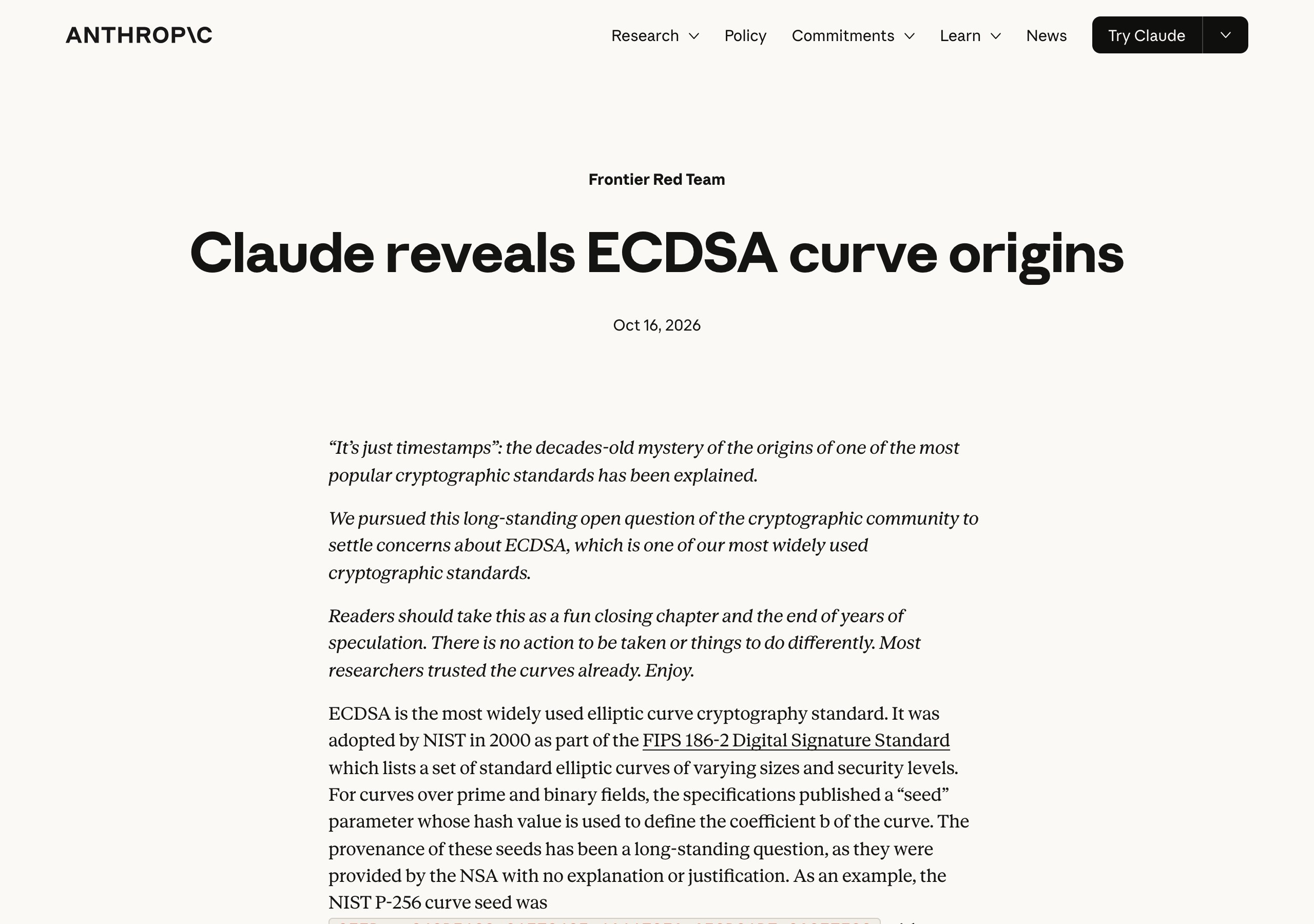 Anthropic 官方研究帖:Claude reveals ECDSA curve origins