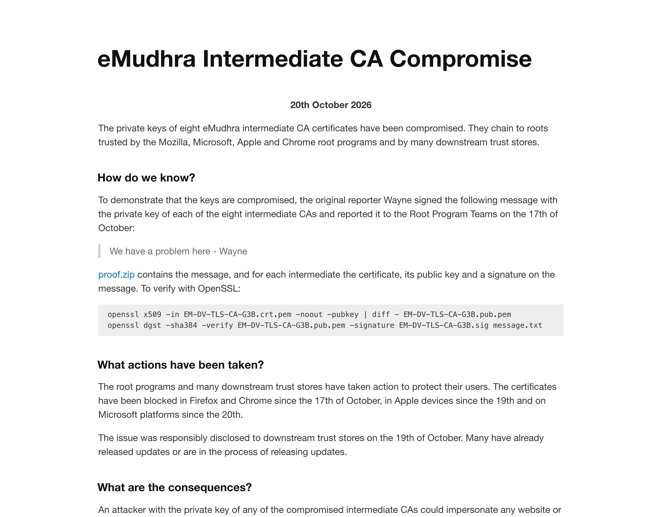 eMudhra 官方披露页:证明消息与 OpenSSL 验证命令